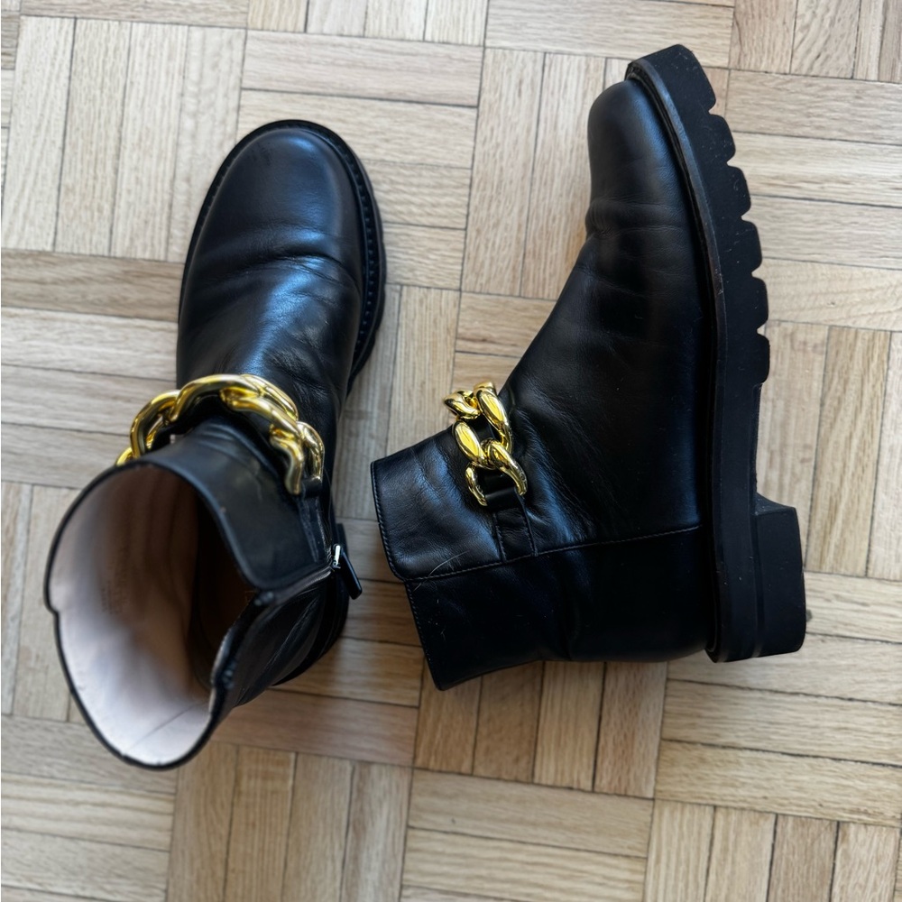 Stuart Weitzman Black Leather Gold Chain Boots Size 7 - Picture 9 of 13